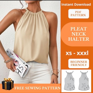 Patrón de costura de top halter plisado: blusa DIY para principiantes - top con cuello schnittmuster