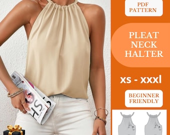 Pleated Halter Top Sewing Pattern: Beginner DIY Blouse - schnittmuster neckholder top
