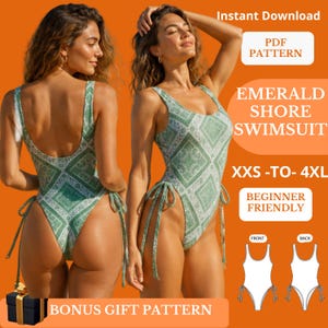Op de afbeelding: Een badpak uit één stuk met een groen en wit paisley-patroon en zijdelingse strikdetails. De tekst luidt: Instant Download, PDF PATTERN, EMERALD SHORE SWIMSUIT, XXS-TO-4XL, BEGINNER FRIENDLY, BONUS GIFT PATTERN. Inclusief voor- en achteraanzicht.