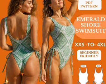 Patrón de traje de baño Emerald Shore en PDF, patrón de costura para traje de baño de una pieza, tallas XXS-4XL