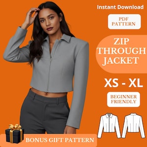 May include: A cropped gray zip-through jacket with a collar, paired with gray trousers. The image includes text that reads "Instant Download", "PDF Pattern", "Zip Through Jacket", "XS - XL", and "Beginner Friendly". A gift box is also present.