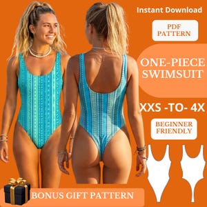 Könnte beinhalten: Ein einteiliger Badeanzug mit vertikalem blau-türkisfarbenem Muster. Der Text lautet Instant Download, PDF PATTERN, ONE-PIECE SWIMSUIT, XXS-TO-4X, BEGINNER FRIENDLY und BONUS GIFT PATTERN. Enthält eine weiße Umrisszeichnung des Badeanzugs.