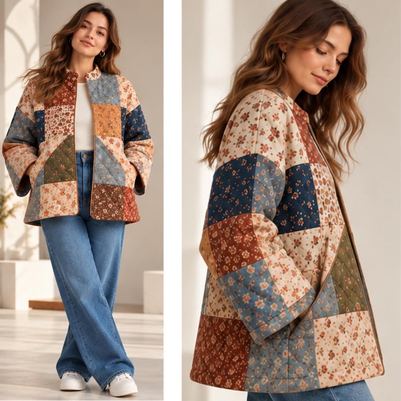 May include: A quilted jacket featuring a patchwork design of various floral patterns in shades of blue, cream, brown, and olive green. The jacket has a stand-up collar, long sleeves, and a straight hem, worn over a white top and blue jeans.
