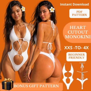 May include: A white monokini with heart-shaped cutouts, featuring a halter neck and tie-back closure. The image includes text: Instant Download, PDF PATTERN, HEART CUTOUT MONOKINI, XXS-TO-4X, BEGINNER FRIENDLY, and BONUS GIFT PATTERN.