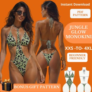May include: A Jungle Glow monokini PDF pattern for sizes XXS to 4XL. The swimsuit features a light green fabric with a black and white leopard print, a halter neckline, thin straps, and a high-cut leg design. Includes a bonus gift pattern.