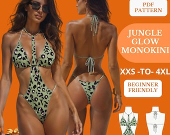 Patrón de costura PDF para monokini recortable, patrón de traje de baño tipo halter, traje de baño de una pieza, XXS-4XL