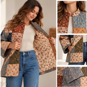 May include: A quilted jacket featuring a patchwork design with various floral patterns in shades of blue, brown, and cream. The jacket has a stand-up collar, long sleeves, and a button-front closure, with a contrasting floral print lining visible.