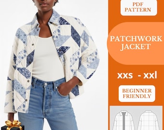 Modello di cucito per giacca patchwork in PDF – Modello per cappotto trapuntato floreale – Cottagecore – Tutorial facile per principianti