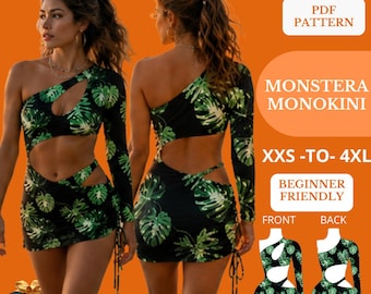 One Shoulder Monokini Sewing Pattern PDF, Cut Out Swimsuit , Long Sleeve Swimwear Pattern, , XS-4X