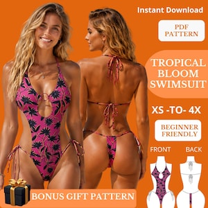Puede incluir: Un bañador de una pieza rosa con estampado floral negro, con abertura frontal, cuello halter y lazos laterales. La imagen incluye el texto: Instant Download, PDF PATTERN, TROPICAL BLOOM SWIMSUIT, XS-TO-4X, BEGINNER FRIENDLY, FRONT, BACK.