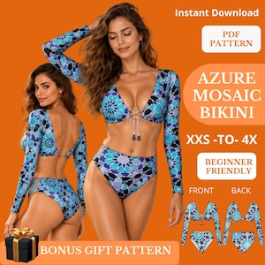 May include: A long-sleeve bikini set featuring an azure mosaic pattern in shades of blue, purple, and black. The top has a lace-up front with tassels, and the bottoms are high-waisted. Text includes Instant Download, PDF PATTERN, AZURE MOSAIC BIKINI, XXS-TO-4X, BEGINNER FRIENDLY, FRONT, BACK, and BONUS GIFT PATTERN.