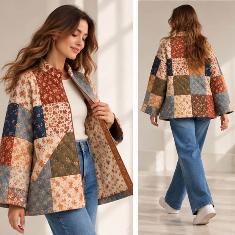 May include: A quilted jacket featuring a patchwork design of various floral patterns in shades of rust, navy blue, olive green, and cream. The jacket has a high collar, long sleeves, and a straight hem, worn over a white top and blue jeans.