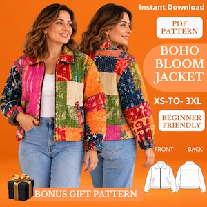 Patchwork Jacket Sewing Pattern, Boho PDF, Zip Front, Welt Pockets