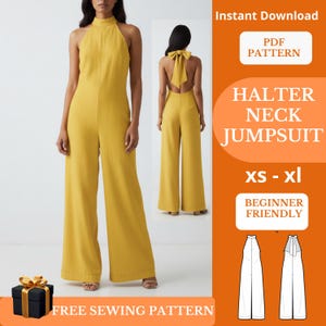 Halter Neck Backless Jumpsuit PDF Sewing Pattern, Wide Leg Romper XS-XL