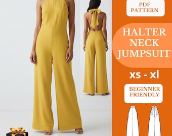 Modello di cucito PDF per tuta con scollo all'americana e schiena scoperta, tuta a gamba larga XS-XL