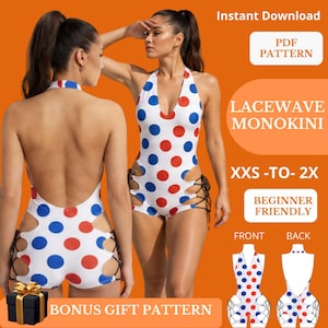 May include: A white monokini featuring a red and blue polka dot pattern, a halter neckline, and black lace-up side cutouts. The text reads: Instant Download, PDF PATTERN, LACEWAVE MONOKINI, XXS-TO-2X, BEGINNER FRIENDLY, FRONT, BACK, BONUS GIFT PATTERN.