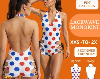 Monokini Sewing Pattern, Lace Up Swimsuit, Cut Out One Piece Bathing Suit, Halter Swimwear