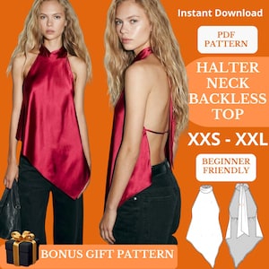 May include: A red halter neck backless top. The top is made of a shiny fabric and has a unique asymmetrical hemline. The image also includes text that says "Instant Download", "PDF Pattern", "XXS - XXL", and "Beginner Friendly".