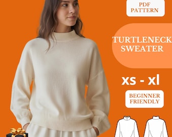 Turtleneck Sweater Sewing Pattern PDF - Women’s Knit Pullover with Cuffs and Waistband - Sizes XS-XL