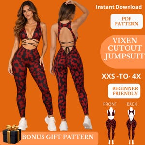 Könnte beinhalten: Ein PDF-Schnittmuster für einen Vixen Cutout Jumpsuit mit rot-schwarzem Tiermuster. Der Jumpsuit hat einen tiefen V-Ausschnitt, überkreuzte Träger an der Taille und einen Rückenausschnitt mit Schnürung. Größen XXS bis 4X, anfängerfreundlich.