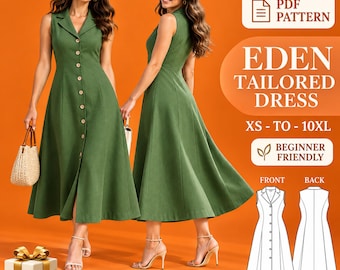 wedding guest dress PDF Sewing Pattern, Sleeveless Midi, Notched Collar, Button Front, Fitted Bodice