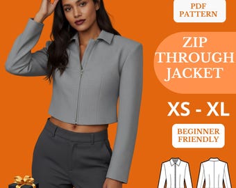Zip-Through Cropped Jacket Sewing Pattern (PDF) – Fully Lined, Structured Fit – Sizes XS–XL