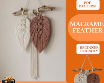 Macrame Feather Pattern PDF – DIY Wall Hanging Tutorial – Boho Home Decor Digital product