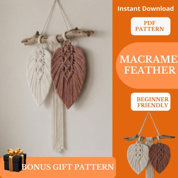 Macrame Feather Pattern PDF – DIY Wall Hanging Tutorial – Boho Home Decor Digital product