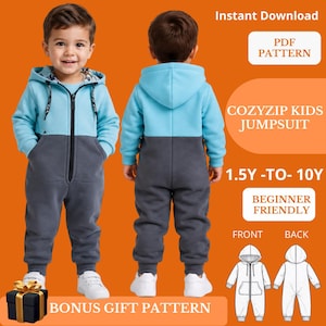 Könnte beinhalten: Ein digitales PDF-Schnittmuster für einen zweifarbigen Kinder-Jumpsuit mit hellblauem Kapuzenoberteil und dunkelgrauem Unterteil mit Reißverschluss. Der Text lautet Instant Download, PDF Pattern, Cozyzip Kids Jumpsuit, 1.5Y-TO-10Y, Beginner Friendly, Front, Back und Bonus Gift Pattern.