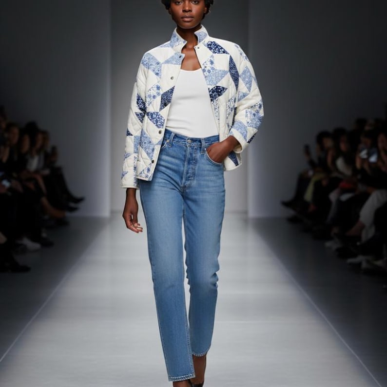 May include: A model on a runway wearing a white vest top, light blue jeans, and a quilted jacket with a blue and white patchwork design. The jacket has a stand-up collar and button closures. The jeans are high-waisted with a straight leg.