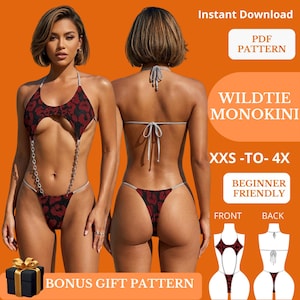 Può includere: Un cartamodello PDF per monokini Wildtie, taglie dalla XXS alla 4X, in tessuto con stampa leopardata nera e rossa. Il design presenta un'apertura frontale, connettori a catena argentati e sottili laccetti. Testo: Instant Download, Beginner Friendly.