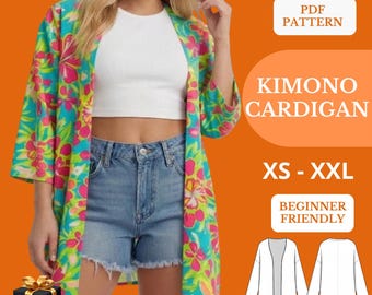 Patrón de costura para cárdigan kimono XS-XXL / Patrón de bata de manga larga / Fácil para principiantes / Imprimible en formato A4 y A0