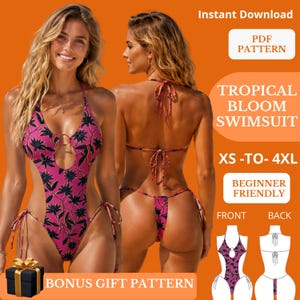 May include: A pink one-piece swimsuit with a black floral pattern, featuring a front cutout, a ring detail at the chest, and side ties. The text reads Instant Download, PDF PATTERN, TROPICAL BLOOM SWIMSUIT, XS-TO-4XL, BEGINNER FRIENDLY, FRONT, BACK.
