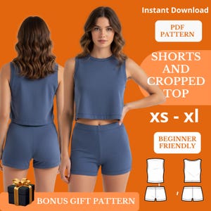May include: A woman models a blue shorts and cropped top set. The image includes text that reads "SHORTS AND CROPPED TOP" and "XS - XL". Additional text indicates "BEGINNER FRIENDLY" and "BONUS GIFT PATTERN". A gift box with a gold bow is in the lower left corner.