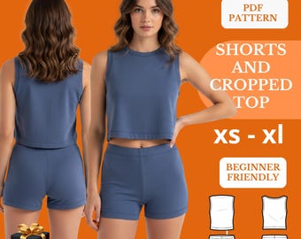 Patrón de costura en PDF para top corto y shorts de ciclista, conjunto de 2 piezas de punto elástico, tallas para principiantes XS-XL