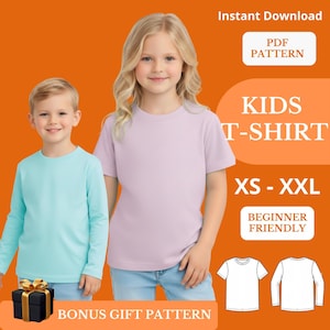 May include: Two children modeling t-shirts in light blue and lavender. The image includes text that reads "KIDS T-SHIRT" and "XS - XXL". Additional text indicates "Instant Download", "PDF PATTERN", "BEGINNER FRIENDLY", and "BONUS GIFT PATTERN".