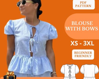 Cartamodello PDF per camicetta, top peplum con fiocco sul retro, tutorial per camicetta estiva, taglie XS-XXXL
