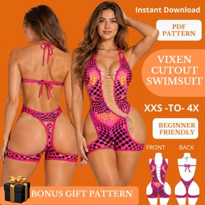 Può includere: Un cartamodello PDF per costume da bagno Vixen Cutout con stampa a pois rosa e arancione. Il design include allacciatura frontale, scollo all'americana e aperture laterali. L'immagine mostra viste frontali e posteriori, con taglie dalla XXS alla 4X.