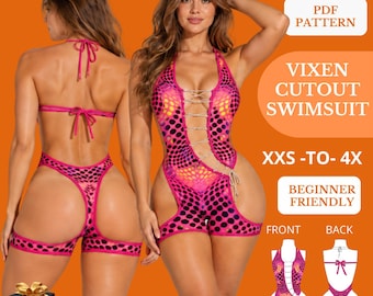 Cutout Swimsuit Sewing Pattern, Lace Up One Piece Bathing Suit, Halter Open Back Swimwear