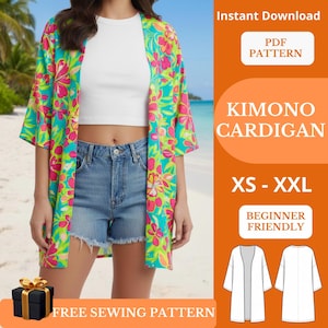 Op de afbeelding: Een kleurrijke kimono-cardigan met een bloemenpatroon in roze, groen en blauw. De afbeelding bevat de tekst "KIMONO CARDIGAN" en "FREE SEWING PATTERN". Het patroon is verkrijgbaar in de maten XS tot XXL en is beginnersvriendelijk.