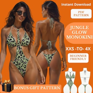 May include: A monokini with a green and black leopard print pattern, featuring a halter neck, thin straps, and a high-cut leg design. The image includes text: Instant Download, PDF PATTERN, JUNGLE GLOW MONOKINI, XXS-TO-4X, BEGINNER FRIENDLY, BONUS GIFT PATTERN.