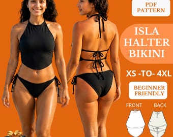 Halter Bikini Sewing Pattern PDF, High Neck Swimsuit , Tie Back Bikini, Women's Swimwear, XS-4X
