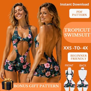 Può includere: Un costume da bagno intero con stampa di foglie tropicali verde scuro e fiori di ibisco rosa, caratterizzato da un'apertura frontale e un design con schiena scoperta. Il testo recita: Instant Download, PDF PATTERN, TROPICUT SWIMSUIT, XXS-TO-4X, BEGINNER FRIENDLY.