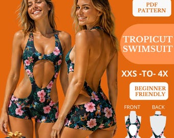 Halter Swimsuit Pattern PDF, Cutout One Piece Swimwear, Open Back Bathing Suit, XXS-4X, A0
