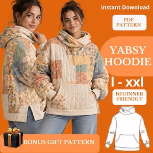 May include: A quilted hoodie featuring a patchwork design of floral patterns in muted tones of cream, blue, and orange. The garment includes a hood, long sleeves, a front kangaroo pocket, and side slits. Text on the image reads YABSY HOODIE.
