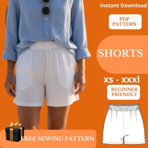 May include: White shorts with pockets and an elastic waistband are shown in the image. The shorts are paired with a light blue button-down shirt. The image also includes text that says "SHORTS", "XS - XXXL", and "BEGINNER FRIENDLY".