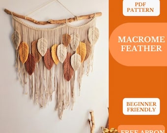 Modello di piume in macramè in PDF – Tutorial fai da te per appendere alla parete – Prodotto digitale per la decorazione della casa in stile boho