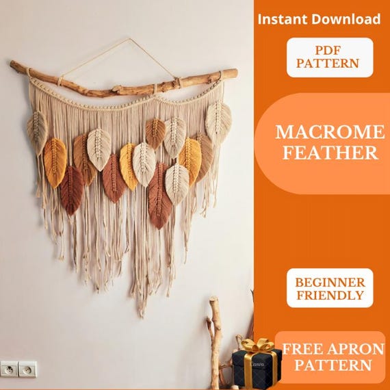 Macrame Feather Pattern PDF – DIY Wall Hanging Tutorial – Boho Home Decor Digital product