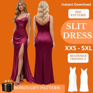 Molde para costura de vestido com gola drapeada, costas abertas com amarração, fenda franzida, vestido de noite, tamanhos XXS-5XL