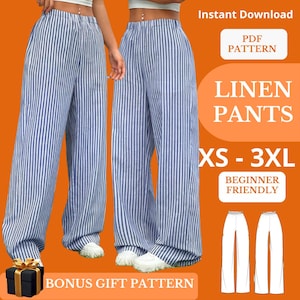 May include: Two pairs of blue and white striped linen pants. The image includes text that reads "Linen Pants", "XS - 3XL", and "Beginner Friendly". A black gift box with a gold ribbon is in the lower left corner. The words "Bonus Gift Pattern" are below the gift box.